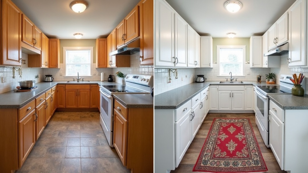 Before photo of a dated kitchen with worn cabinets, basic white tile countertops, and faded flooring.